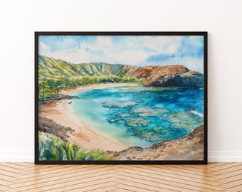 Pôster em aquarela da Reserva Natural da Baía de Hanauma, Havaí. Impressão de viagem para Oahu. Pintura de paisagem costeira. Arte de parede tropical. Lembrança.