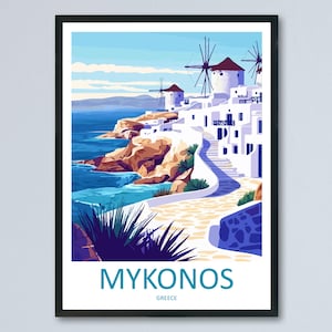 Póster de viaje de dibujos animados de Mykonos, arte mural griego, impresión de isla, ilustración cicládica, decoración costera, regalo de recuerdo de Mykonos