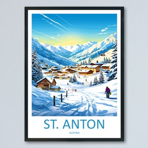 May include: A colorful illustration of a snowy mountain village with the text "ST. ANTON AUSTRIA". The village is nestled in a valley surrounded by snow-capped mountains. A person is walking down a path in the snow.