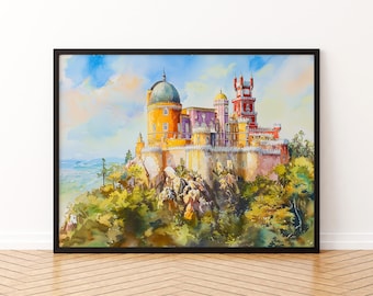 Plakat akwarelowy Sintra Sztuka ścienna Sintra Wisząca dekoracja do domu Sintra Prezent Miłośnicy sztuki Portugalia Sztuka ścienna