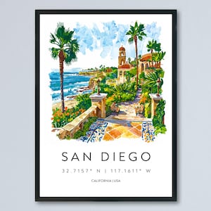 San Diego Watercolor Poster San Diego Travel Print California Wall Art Beach City Painting San Diego Souvenir Decor