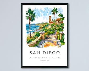 San Diego Watercolor Poster San Diego Travel Print California Wall Art Beach City Painting San Diego Souvenir Decor