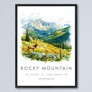 Póster de acuarela de las Montañas Rocosas, impresión de viaje a las Montañas Rocosas, arte de pared de Colorado, decoración de parques nacionales, paisaje alpino, senderismo, impresión de naturaleza