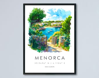 Menorca Watercolor Poster Menorca Travel Print Spain Wall Art Menorca Decor Coastal Island Scene Beach View Balearic Landscape Print
