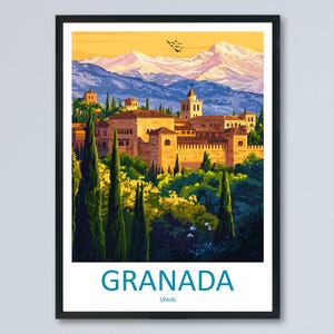 Granada Cartoon Travel Poster Spain Wall Art City Print Alhambra Illustration Historic Decor Granada Souvenir Gift