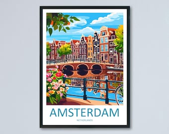 Amsterdam Travel Print Netherlands Wall Art Cityscape Poster Canal Decor Gift for Europe Lover Dutch Architecture Art Print