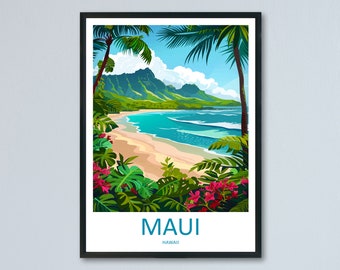 May include: A colorful illustration of a beach scene in Maui, Hawaii. Lush green foliage frames a view of a sandy beach with turquoise water and a mountain range in the background. The text "MAUI" and "HAWAII" is printed below the image.