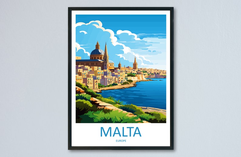 Puede incluir: Una ilustraci&oacute;n colorida de una ciudad con una iglesia y edificios a lo largo de una costa. El cielo es azul con nubes blancas. El texto "MALTA EUROPE" est&aacute; en la parte inferior de la imagen.