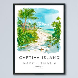 Captiva Island akvarell poster Captiva resetryck Florida väggkonst Captiva Island dekor kustlandskap strand solnedgång snäckskal tryck