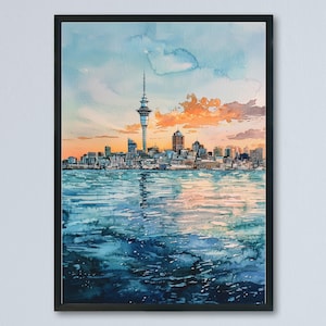 Auckland Aquarell Poster Auckland Travel Print Neuseeland Wand Kunst Auckland Skyline Dekor Hafen Brücke Landschaft Stadt Szene Drucken