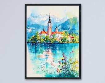 Lake Bled Watercolor Poster Wall Art Lake Bled Wall Hanging Home Décor Lake Bled Gift Art Lovers Slovenia Wall Art