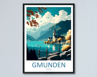 May include: A vintage travel poster featuring a picturesque view of Gmunden, Austria. The poster depicts a church with a tall steeple on a small island in a lake surrounded by mountains. The water is a vibrant blue, and the sky is a light blue with fluffy white clouds. The poster is framed in black and has the text "GMUNDEN" and "AUSTRIA" in blue lettering.
