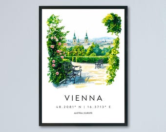 Wenen aquarel poster Wenen reisafdruk Wenen muurkunst Wenen stadsgezicht schilderij Wenen souvenir Oostenrijk decor
