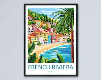French Riviera Travel Poster France Wall Art Coastal View Print Seaside Scene Illustration Mediterranean Decor Gift Souvenir