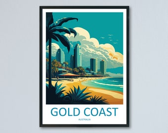 May include: A colorful illustration of the Gold Coast, Australia, featuring a beach with palm trees, turquoise water, and a cityscape in the background. The text "GOLD COAST" and "AUSTRALIA" is printed below the image.