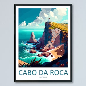 May include: A colorful illustration of a lighthouse on a cliff overlooking a rocky beach and ocean. The sky is blue with white clouds. The text "Cabo da Roca" and "Portugal" is at the bottom of the image.