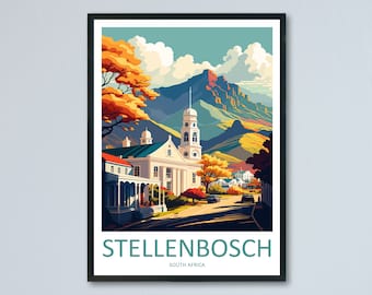 Puede incluir: Una ilustración colorida de un pueblo en Stellenbosch, Sudáfrica. La imagen presenta una iglesia blanca con un alto campanario, una calle bordeada de árboles y una cordillera en el fondo.