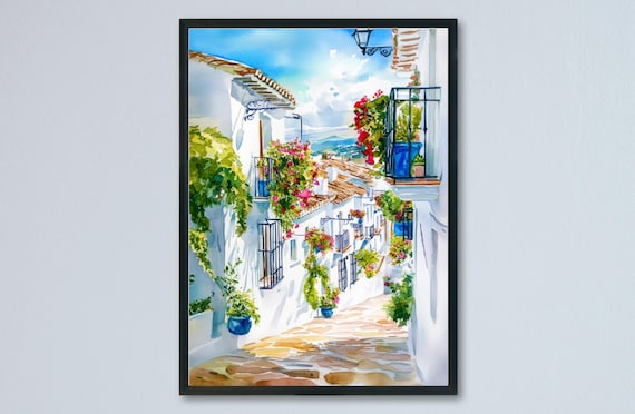 スペインの旅（水彩画） ミハスの水彩画ポスター スペイン旅行プリント 壁アート ホーム