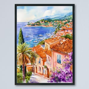 French Riviera Watercolor Poster France Travel Print Riviera Wall Art French Riviera Decor Coastal City Scene Mediterranean View Print