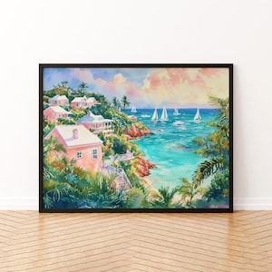 Può includere: Dipinto ad acquerello di una scena costiera con edifici rosa, palme e barche a vela su acqua turchese. L'opera d'arte è incorniciata in una cornice nera e presentata su un pavimento in legno chiaro.