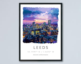 Leeds Watercolor Poster Leeds England Travel Print Wall Art Leeds Home Decor Leeds Gift Art Lovers UK Cityscape
