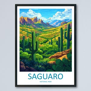 Cartaz de viagem do Parque Nacional Saguaro, arte de parede do Arizona, impressão de paisagem desértica, ilustração de vista de cacto, presente de saguaro, cena de lembrança
