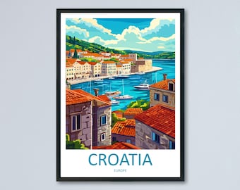 Croatia Travel Poster Europe Wall Art Coastal View Print Adriatic Scene Illustration Historic Decor Croatia Gift Souvenir Landscape