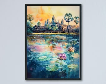 Poster acquerello di Angkor Wat, stampa di viaggio in Cambogia, arte murale del tempio, decorazione di Angkor Wat, rovine antiche, paesaggio, scena del sud-est asiatico