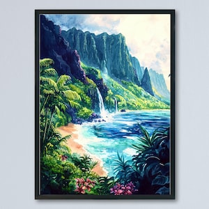Póster de acuarela de Kauai, impresión de viaje a Kauai, arte mural de la isla de Hawái, decoración natural de Kauai, impresión de casa de playa con paisaje tropical de la costa de Na Pali