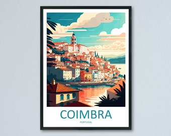 Pode incluir: Uma ilustração colorida da cidade de Coimbra, Portugal. A imagem apresenta uma cidade com edifícios em tons de laranja, amarelo e vermelho, com vista para uma massa de água. O texto "COIMBRA" e "PORTUGAL" é exibido na parte inferior da imagem.