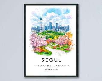 Plakat z akwarelą z Seulu, dekoracja ścienna do domu w Seulu, prezent dla miłośników sztuki w Seulu, sztuka ścienna dla Korea Południowa