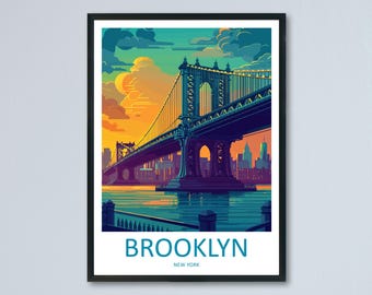 May include: A colorful illustration of the Brooklyn Bridge in New York City. The bridge is depicted in a vibrant blue and purple color scheme, with a sunset sky in the background. The text "BROOKLYN" and "NEW YORK" is displayed below the bridge.