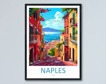 May include: A colorful illustration of a narrow street in Naples, Italy. The street is lined with brightly colored buildings and leads to a view of the bay with boats and a mountain in the distance. The text "NAPLES ITALY" is at the bottom of the image.