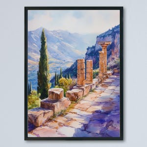 May include: Watercolor painting of an ancient Greek landscape. The artwork depicts stone columns, a pathway, and mountains in the background. The color palette includes shades of blue, brown, and green, framed in a black border.