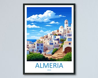 May include: A colorful illustration of a white city with a blue sky and clouds. The city is built on a hill overlooking the ocean. The text "ALMERIA SPAIN" is at the bottom of the image.