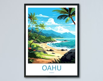 May include: A colorful illustration of a beach scene with palm trees, mountains, and a sandy beach with blue water. The text "OAHU HAWAII" is at the bottom of the image.
