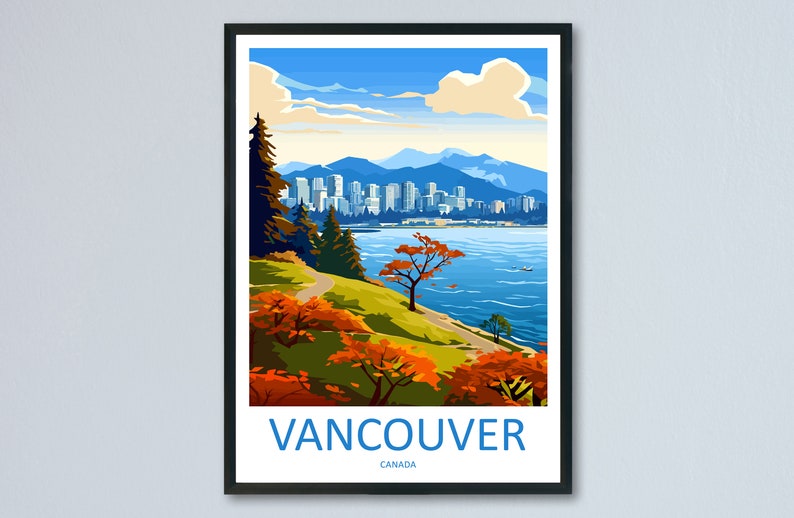Pu&ograve; includere: Un'illustrazione colorata dello skyline di Vancouver con montagne sullo sfondo. La citt&agrave; &egrave; vista da un parco con alberi e un sentiero che porta all'acqua. Il testo "VANCOUVER" &egrave; scritto in lettere blu nella parte inferiore dell'immagine, con "CANADA" scritto in lettere pi&ugrave; piccole sotto.