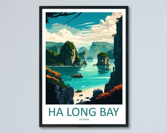 May include: A colorful illustration of Ha Long Bay in Vietnam. The image shows a view of the bay with many green islands and a blue sky with white clouds. There is a small boat in the water.