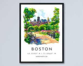 May include: Watercolor print of Boston, Massachusetts, featuring a park scene with benches, trees, and a cityscape in the background. The word "BOSTON" is centered below the image, along with the coordinates and state.