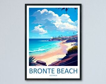 May include: A colorful illustration of Bronte Beach in Australia. The image shows a sandy beach with turquoise water and a view of the coastline with palm trees and buildings. The sky is blue with white clouds.