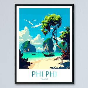 Może przedstawiać: Kolorowa ilustracja tropikalnej sceny wyspy z plażą, turkusową wodą i bujnymi zielonymi drzewami. Tekst "PHI PHI THAILAND" znajduje się na dole obrazu.