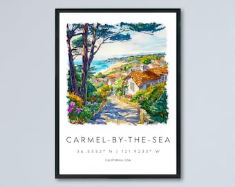 Carmel-by-the-Sea Watercolor Poster Carmel Travel Print California Coast Art Ocean Painting Carmel-by-the-Sea Decor