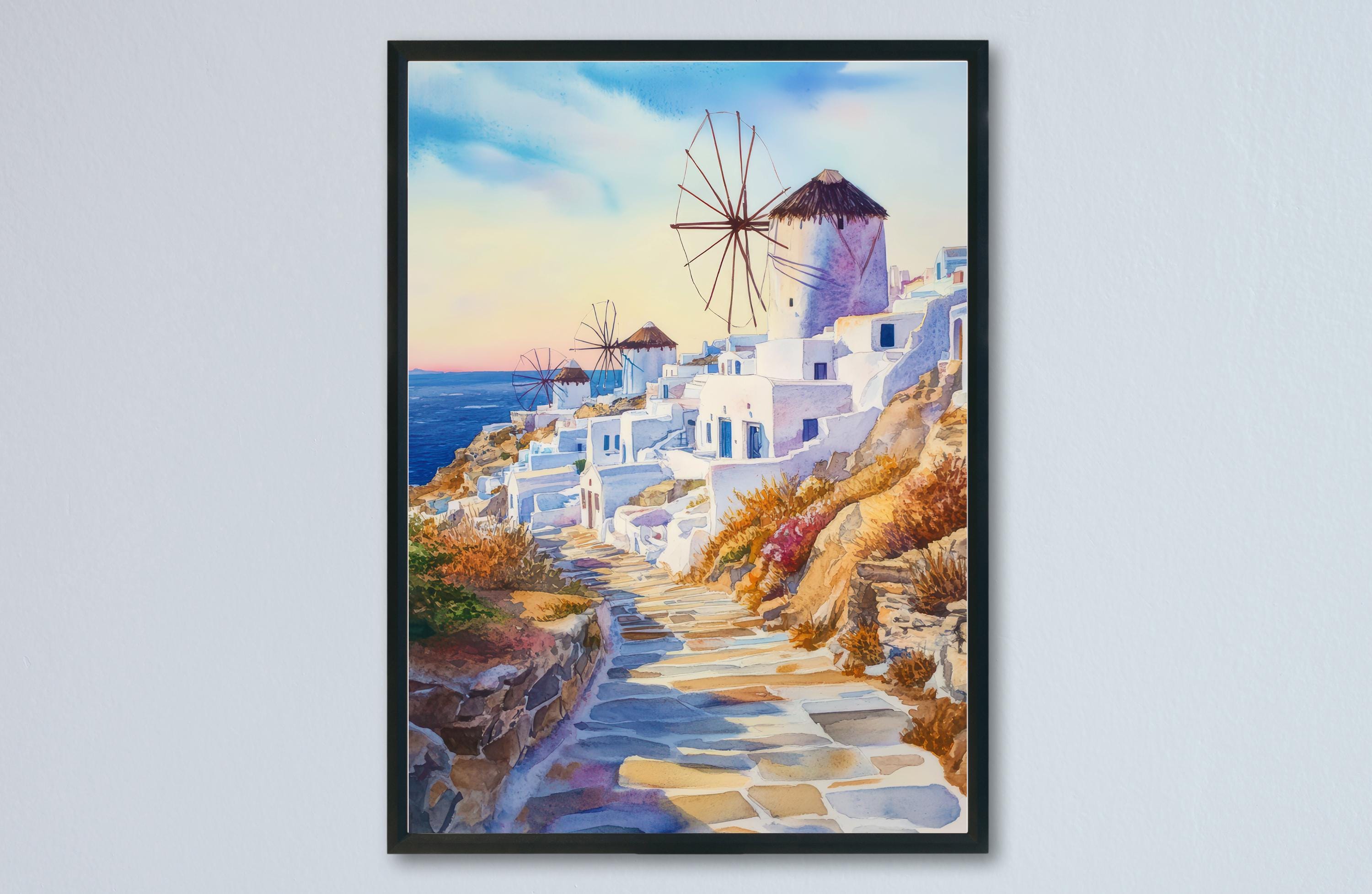 ギリシア旅行で買った絵画(額縁入り) ミコノス島 水彩画 ポスター ギリシャ 旅行 プリント ウォールアート