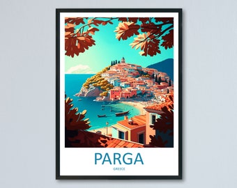 May include: A colorful illustration of a town on a hill overlooking a blue bay. The town is filled with red, orange, and yellow buildings. The image is framed with a black border and the text "PARGA GREECE" is at the bottom.