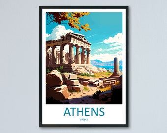 May include: A vintage travel poster featuring a colorful illustration of the Acropolis in Athens, Greece. The poster has a blue sky with white clouds and a view of the city in the distance. The text "ATHENS, GREECE" is at the bottom of the poster.