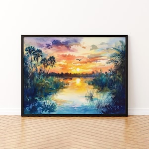Pôster em aquarela do Parque Nacional Everglades, Flórida, impressão de viagem Everglades, pintura de paisagem natural, arte de parede, lembrança dos EUA
