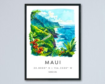 Póster de acuarela de Maui Arte de pared Tapiz de pared de Maui Decoración del hogar Regalo de Maui Amantes del arte Regalo para amantes del arte de Hawái Arte de pared de Hawái