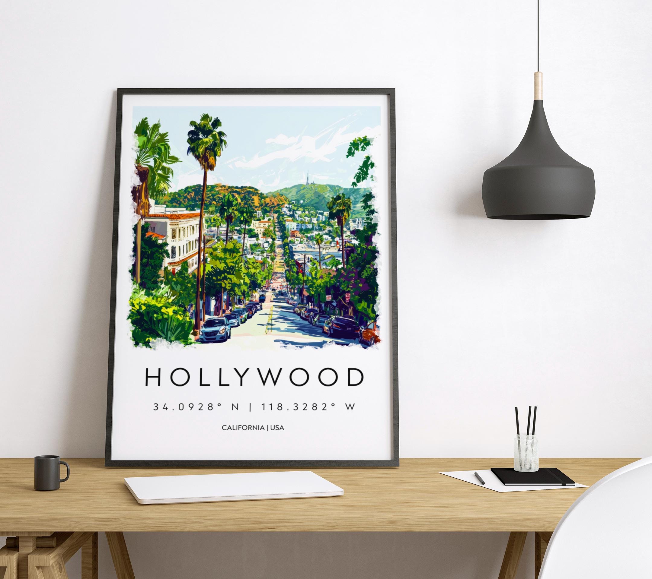 Hollywood Watercolor Poster Hollywood California Travel Print Wall Art ...