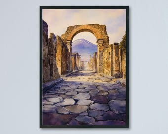 Póster de acuarela de Pompeya, arte mural, colgante de pared de Pompeya, decoración del hogar, regalo de Pompeya, amantes del arte, regalo para amantes del arte italiano, impresión de paisaje urbano italiano