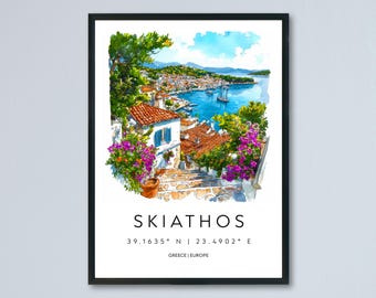 May include: Watercolor print of Skiathos, Greece, featuring a coastal town with white buildings, red-tiled roofs, and vibrant purple flowers. The artwork includes the town's name and coordinates, set against a blue sea and sky.